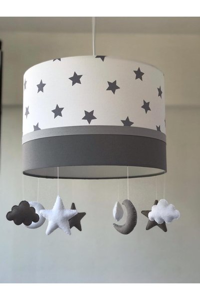 Leobabyroom Beyaz Üzeri Gri Yıldız Antrasit Gri Renkli Yıldız Bulut Ay Figürl...
