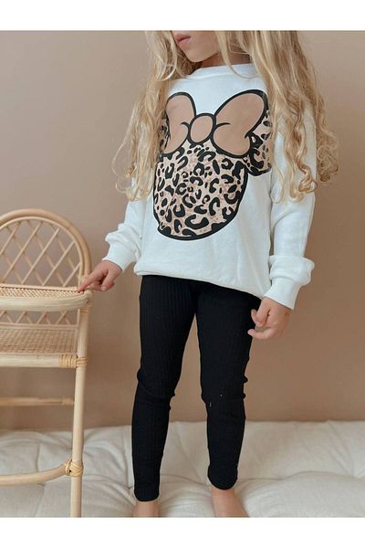 YİGİT BUTİK Leopard Printed Tights Girl's Top and Bottom Set