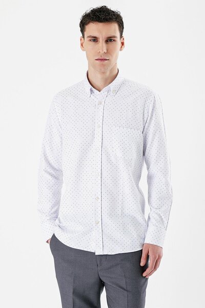 İmza Λευκό μακρυμάνικο εμπριμέ υφασμάτινο πόδι με κουμπιά γιακά τσέπες βαμβακερό πουκάμισο Comfort Fit 1004235164