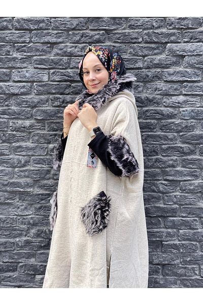 Sima ΜΠΕΖ Sima Feather Λεπτομερές Poncho με κουκούλα