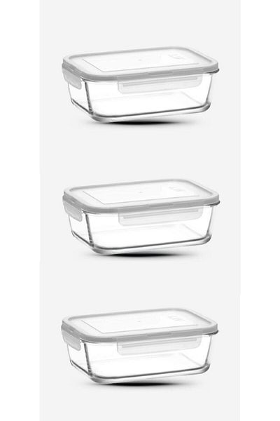 LAV Fresco Locked Glass Storage Container Set of 3 1200Cc Rectangular (Frs-257) White with Lid