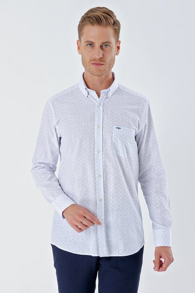 İmza Λευκό μακρυμάνικο πουκάμισο με στάμπα με τσέπες 100% βαμβάκι Casual Comfort Fit Άνετο κομμένο πουκάμισο 1004230225