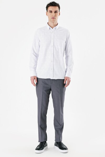 İmza Λευκό μακρυμάνικο εμπριμέ υφασμάτινο πόδι με κουμπιά γιακά τσέπες βαμβακερό πουκάμισο Comfort Fit 1004235164