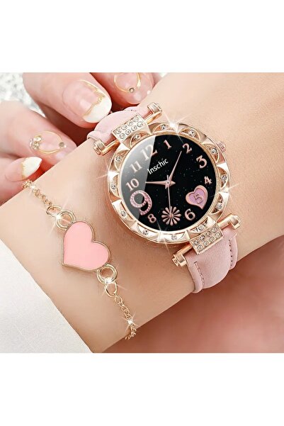 stainless steell pembe şık kuvars saat kalp motif bileklik set