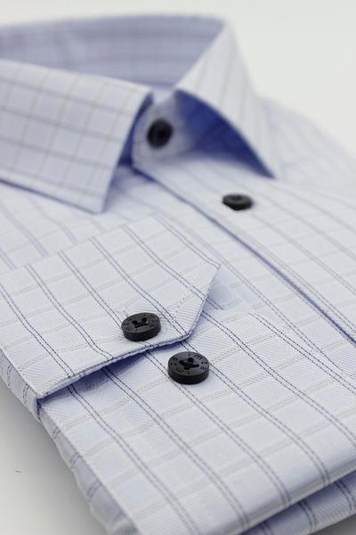 İmza Blue Long Sleeve Checkered Gabardine Hard Collar Pocket Cotton Comfort Fit Shirt1004235167