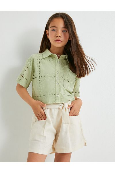 Koton Linen Shorts - Belt and Pocket, Elastic Waist