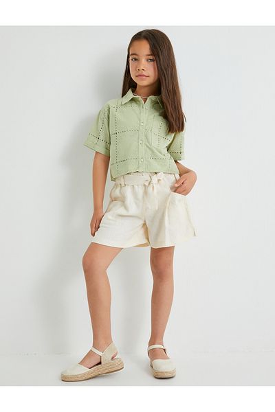 Koton Linen Shorts - Belt and Pocket, Elastic Waist