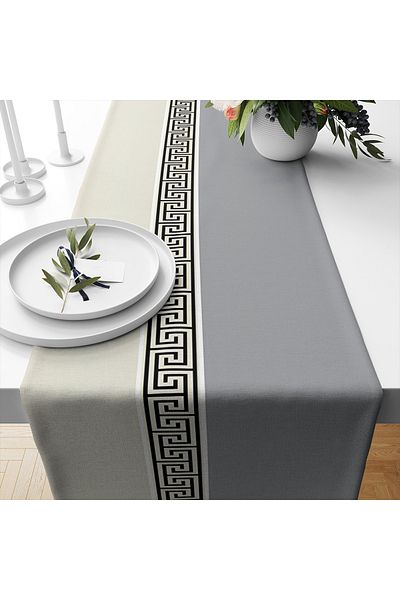 3D ELSE HALI Gray White Lock Patterned Printed Stain Resistant Care Free Decorative Runner Cover 40X140Cm