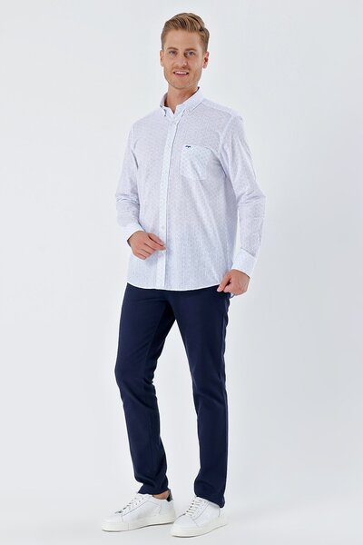 İmza Λευκό μακρυμάνικο πουκάμισο με στάμπα με τσέπες 100% βαμβάκι Casual Comfort Fit Άνετο κομμένο πουκάμισο 1004230225