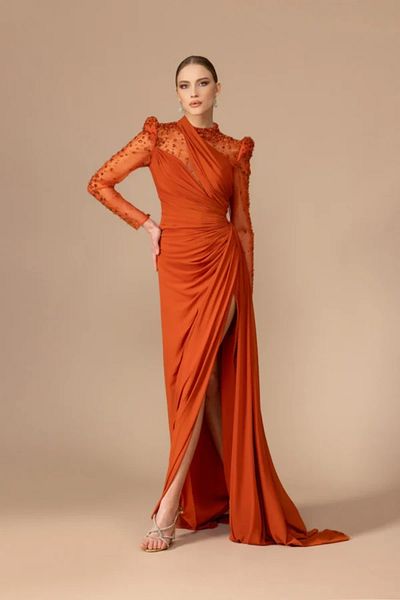 Kenzel Transparent Long Sleeve Slit Long Dress-7065