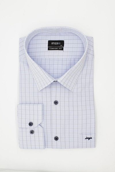 İmza Blue Long Sleeve Checkered Gabardine Hard Collar Pocket Cotton Comfort Fit Shirt1004235167