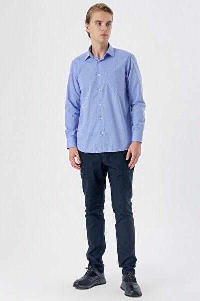 İmza Mavi Uzun Kollu Filafil Sert Yaka Cepli Pamuklu Basic Comfort Fit Gömlek 1004240002