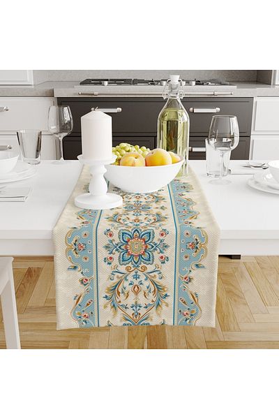 3D ELSE HALI Blue Ethnic Patterned Printed Stain Resistant Care Free Decorative Runner Cover 40X140Cm