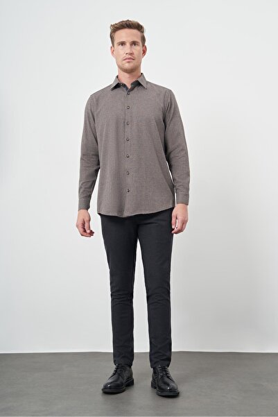 İmza Σκούρο καφέ μακρυμάνικο καρό μοτίβο χωρίς τσέπη Βαμβακερό κλασικό πουκάμισο με άνετη εφαρμογή