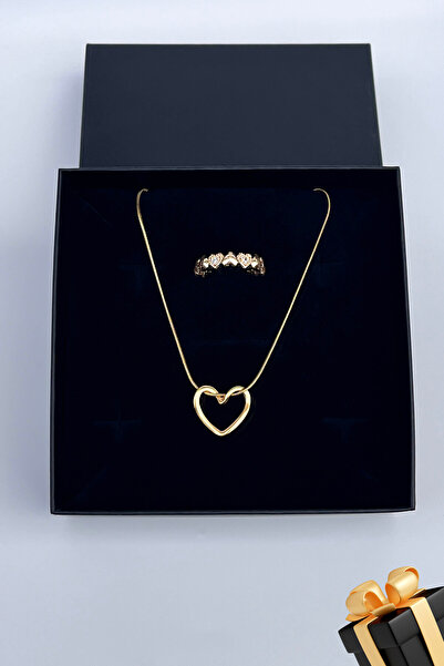 TREND COLLECTİON Kadın Paslanmaz Çelik Gold İtalyan Kalp Kolye Ve Kalp Yüzük Set (Hediyelik)
