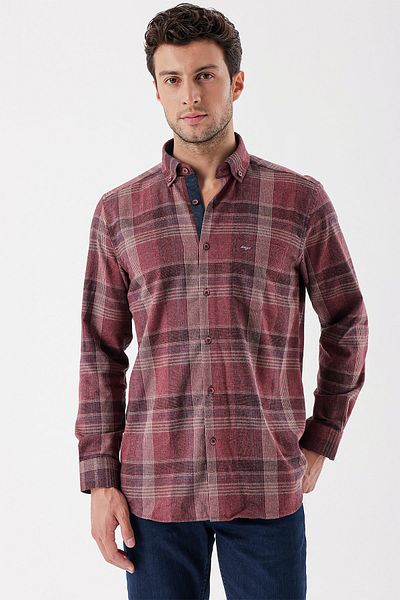 İmza Burgundy Long Sleeve Plaid Gabardine Hard Collar Pocket Garnished Casual Comfort Fit Shirt1004235110