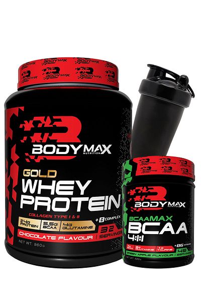 BODYMAX Gold Whey Protein Powder 960 Gr Chocolate + Bcaamax Bcaa 585 Gr Green Apple + Shaker