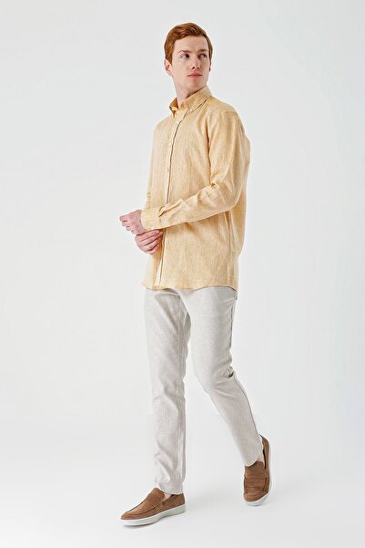 İmza Μουστάρδα μακρυμάνικο χωρίς τσέπη 100% λινό Classic Comfort Fit πουκάμισο με χαλαρή εφαρμογή 1004240186