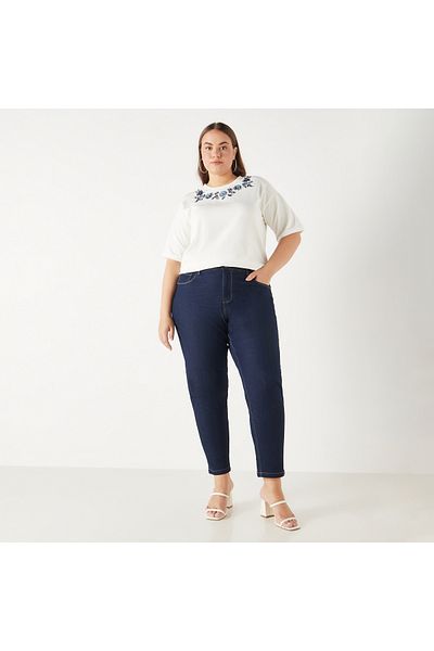 Ulla Popken Plus Size Ulla Popken Embroidered T-shirt with Short Sleeves