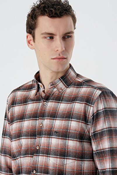 İmza Koyu Haki Uzun Kollu Ekoseli Bez Ayağı Düğmeli Yaka Cepli Pamuklu Comfort Fit Gömlek 1004235173