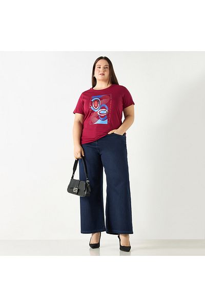 Ulla Popken Plus Size Ulla Popken Typographic Print T-shirt with Short Sleeves
