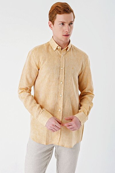 İmza Μουστάρδα μακρυμάνικο χωρίς τσέπη 100% λινό Classic Comfort Fit πουκάμισο με χαλαρή εφαρμογή 1004240186