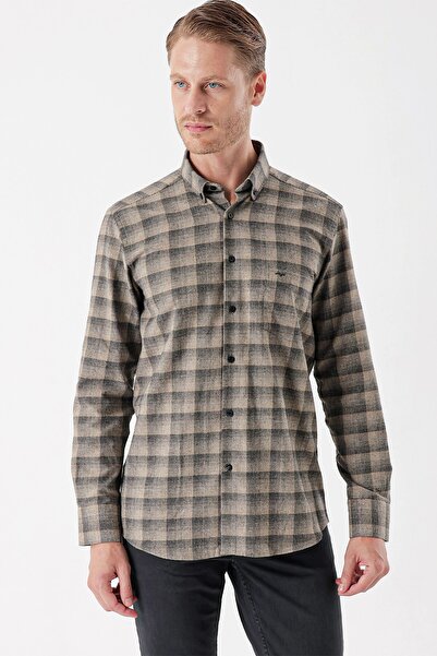 İmza Πουκάμισο με μακρυμάνικο καρό γκαμπαρντίνα με σκληρό γιακά με τσέπες casual Comfort Fit 1004235113