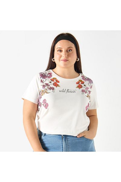 Ulla Popken Plus Size Ulla Popken Floral Print Crew Neck T-shirt with Short Sleeves
