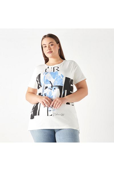 Ulla Popken Plus Size Ulla Popken Printed T-Shirt with Short Sleeves and Round Neck