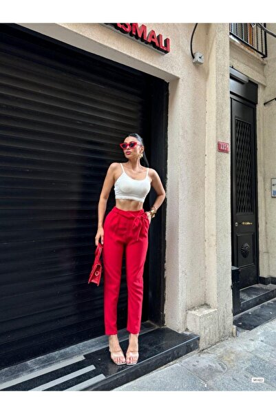 rengamoda Жіночі брюки з одним ґудзиком, лінією та поясом з атласної тканини