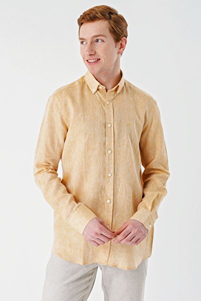 İmza Μουστάρδα μακρυμάνικο χωρίς τσέπη 100% λινό Classic Comfort Fit πουκάμισο με χαλαρή εφαρμογή 1004240186