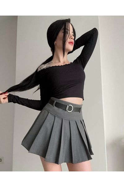 DarkellaStore Gray Pleated Mini Skirt with Belted Shorts