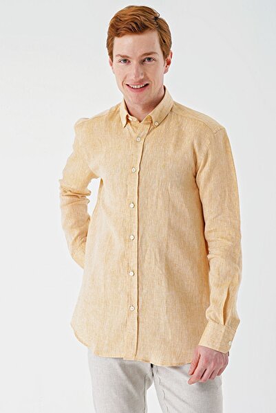İmza Μουστάρδα μακρυμάνικο χωρίς τσέπη 100% λινό Classic Comfort Fit πουκάμισο με χαλαρή εφαρμογή 1004240186
