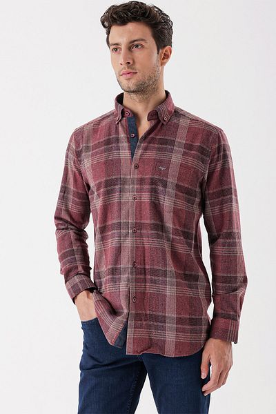 İmza Burgundy Long Sleeve Plaid Gabardine Hard Collar Pocket Garnished Casual Comfort Fit Shirt1004235110