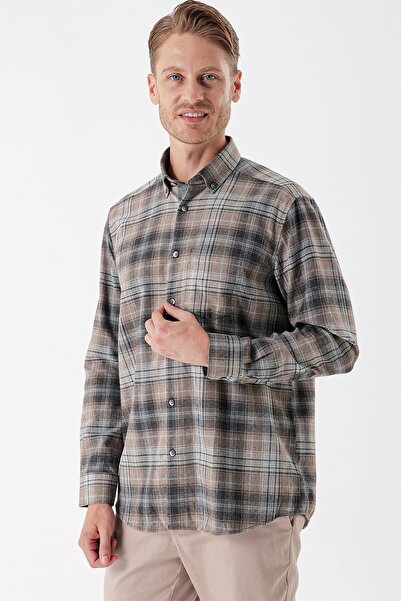 İmza Σκούρο βιζόν μακρυμάνικο καρό γκαμπαρντίνα με σκληρή τσέπη στο λαιμό Casual Comfort Fit πουκάμισο 1004235112