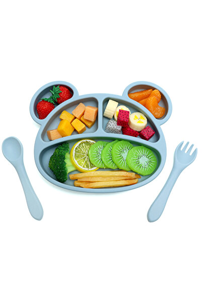 tutobaby 5 Parça %100 Silikon Bebek Beslenme Seti (VAKUMLU TABAK VE KASE-ÇATAL-KAŞIK-MAMA ÖNLÜĞÜ)mavi