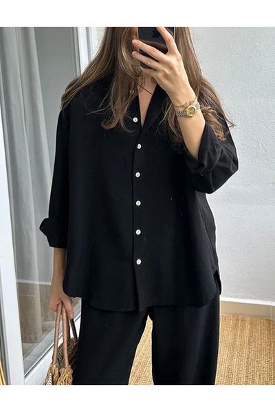 Flow Mi̇sseale Black Textured Shirt and Trousers Women's Set