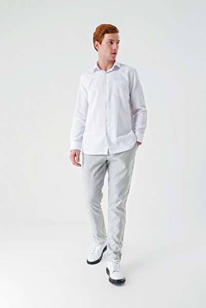 İmza Λευκό μακρυμάνικο με μοτίβο Dobby με σκληρό γιακά βαμβακερό κλασικό άνετο πουκάμισο με χαλαρή εφαρμογή 1004240191