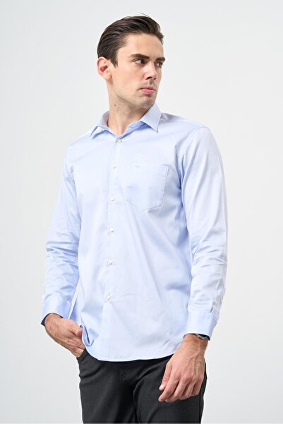 İmza 041 Модел твърда яка синя риза с дълъг ръкав - класически комфортен крой...