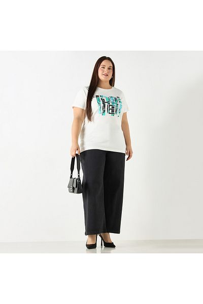 Ulla Popken Plus Size Ulla Popken Typographic Print T-shirt with Short Sleeves