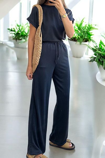 Flow Misseale Modl - Textured Trousers and T-Shirt Anthracite Women's Set
