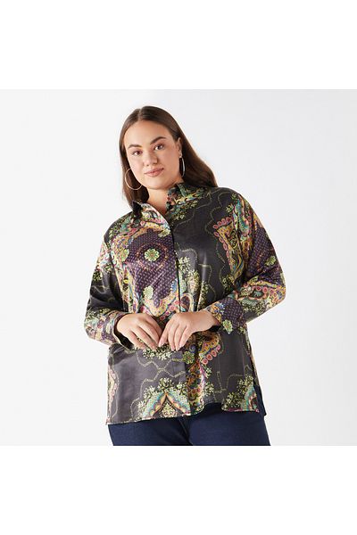 Ulla Popken Plus Size Ulla Popken Printed Shirt with Collar and Long Sleeves