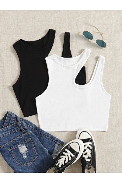 Liona Pack of 2 Asymmetrical Collar Black White Color Patternless Ribbed Sleeveless Strap Lycra Fit Sports Bustier