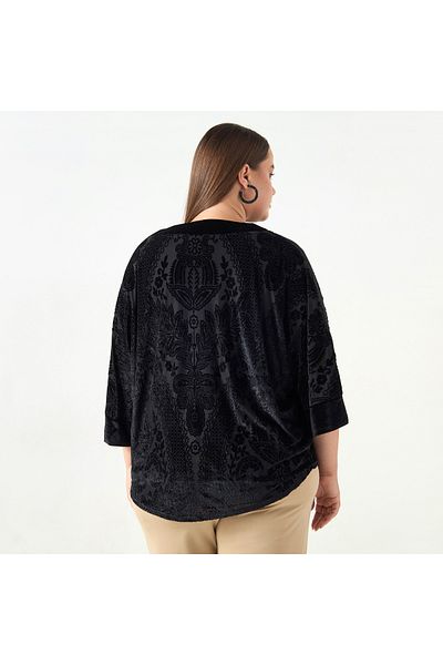Ulla Popken Plus Size Ulla Popken All-Over Floral Print Textured Top with 3/4 Sleeves