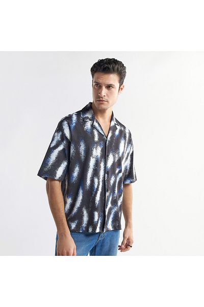 FAV All-Over Print Shirt with Camp Collar and Short Sleeves