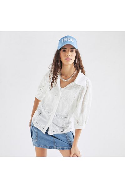 FAV All-Over Embroidered Collared Shirt with Puff Sleeves
