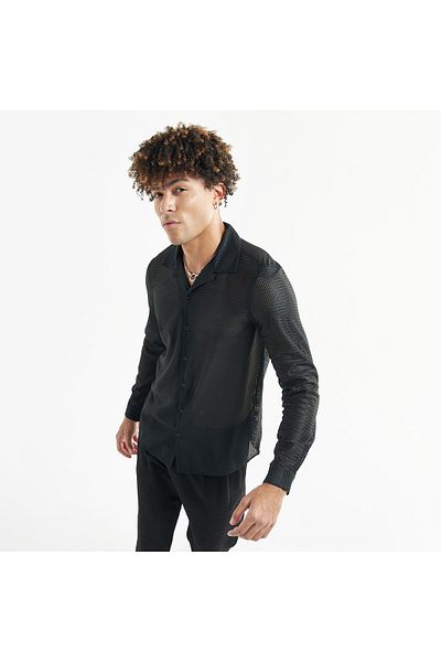 FAV Textured Shirt with Camp Collar and Long Sleeves