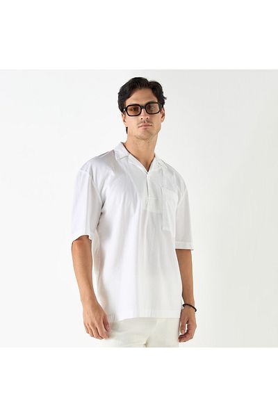 Iconic Textured Camp Collar Shirt with Short Sleeves and Pocket