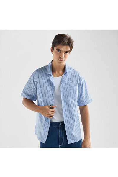 FAV Regular Fit Striped Shirt with Camp Collar and Short Sleeves