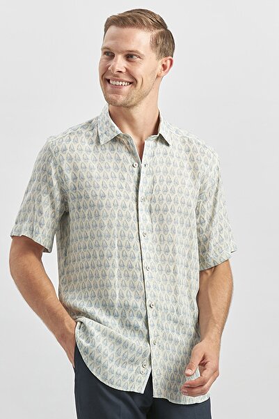 İmza Льняна сорочка Casual Slim Fit - темно-синя, з короткими рукавами, комір на ґудзиках 1004240241